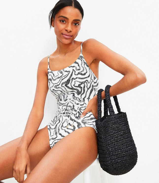 LOFT Beach Ripple Belted One Piece Swimsuit