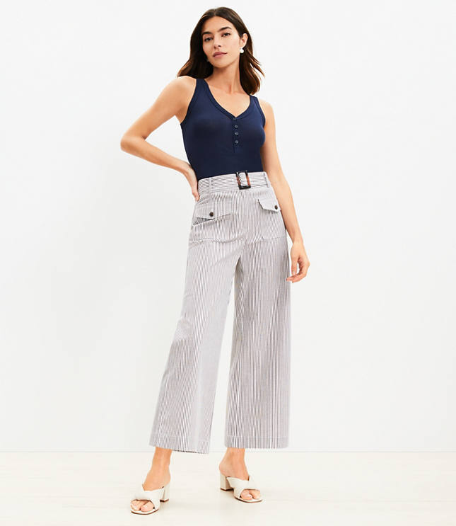 Petite Horn Buckle Wide Leg Pants in Stripe