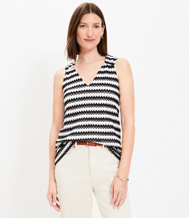 Petite Striped Pointelle Ruffle Henley Top - Black