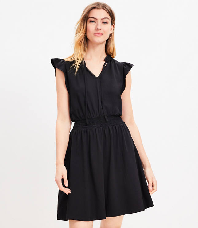 Petite Tie Neck Flutter Mini Flare Dress