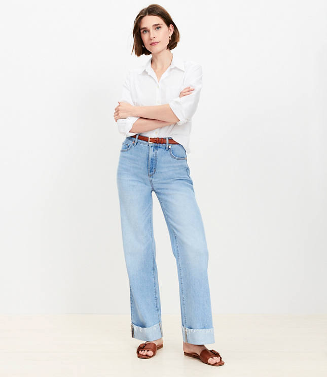 Flip Cuff High Rise Wide Leg Jeans in Light Wash - Light Wash