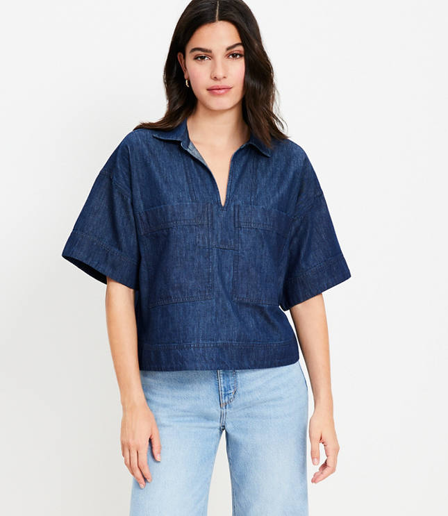 Chambray V-Neck Utility Blouse