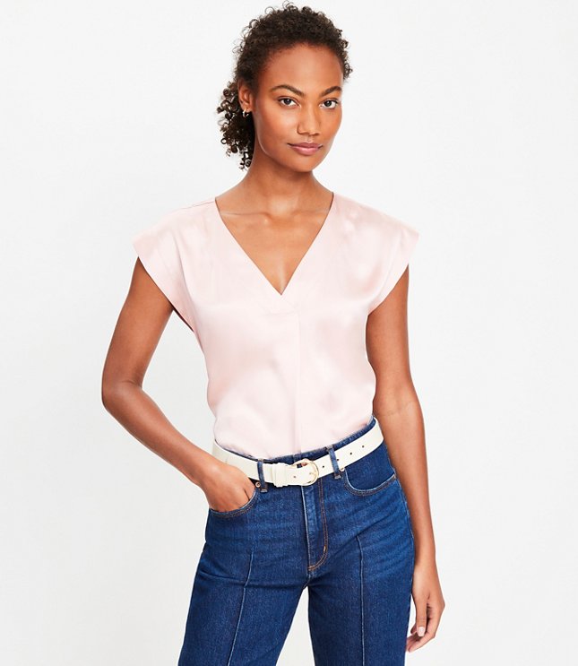 Satin Cap Sleeve V-Neck Top