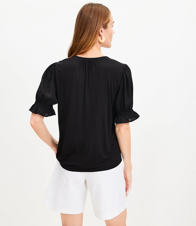 Petite Puff Sleeve V-Neck Mixed Media Top