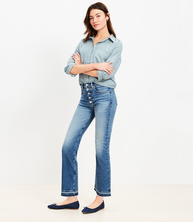 Button Front High Rise Kick Crop Jeans in Mid Vintage Wash