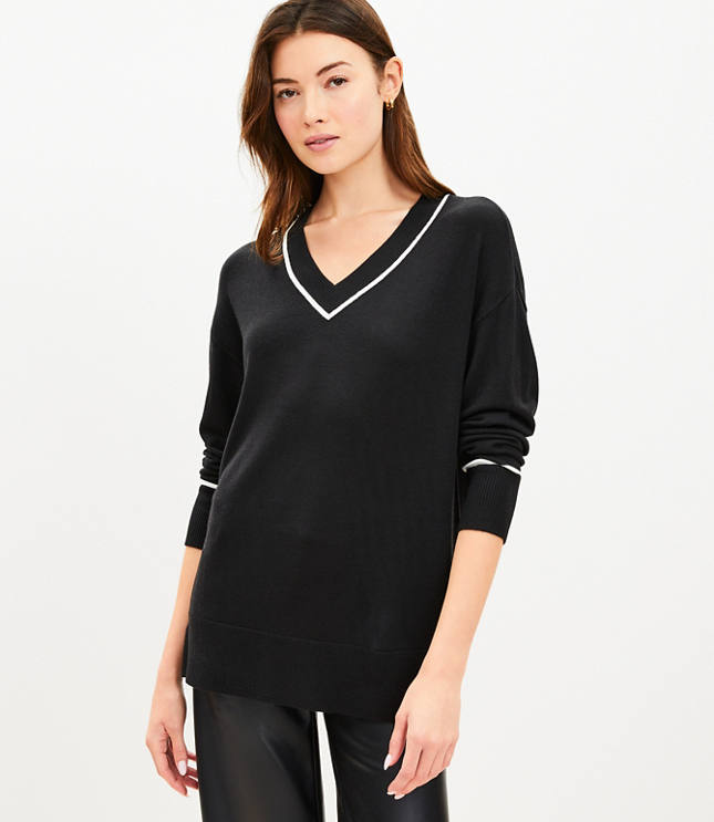 Tipped Luxe Knit V-Neck Tunic Sweater