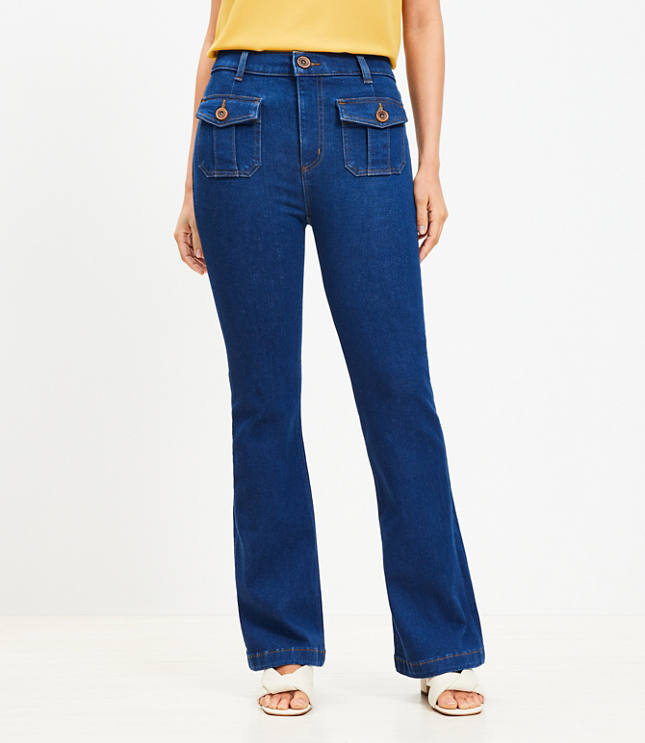 Curvy High Rise Patch Pocket Slim Flare Jeans in Dark Wash