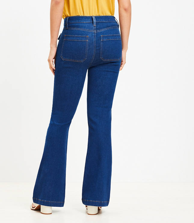 Curvy High Rise Patch Pocket Slim Flare Jeans in Dark Wash