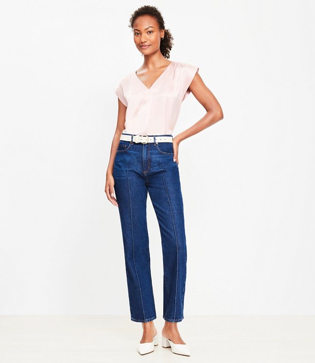 Pintucked High Rise Straight Jeans in Refined Dark Indigo Wash