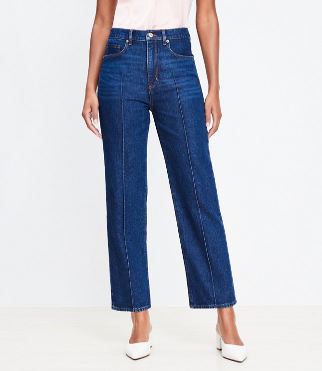 Pintucked High Rise Straight Jeans in Refined Dark Indigo Wash