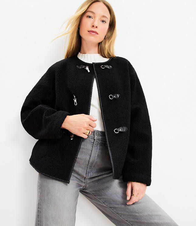 Faux Leather Trim Shearling Toggle Jacket