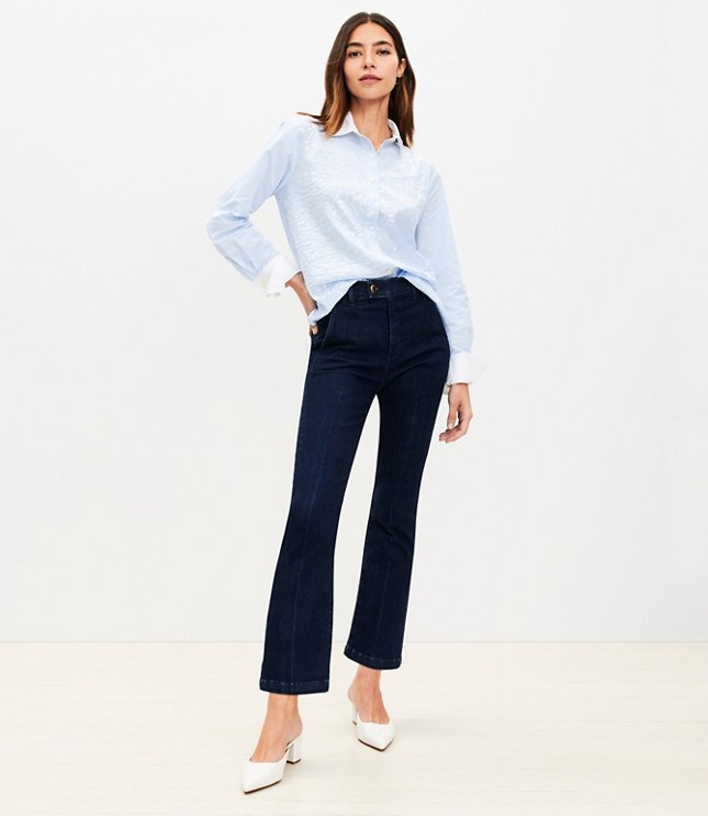 Creased Tab Waist High Rise Kick Crop Jeans in Refined Dark Indigo Wash