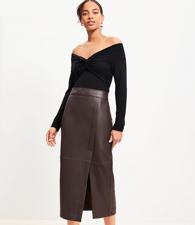 Faux Leather Midi Wrap Skirt