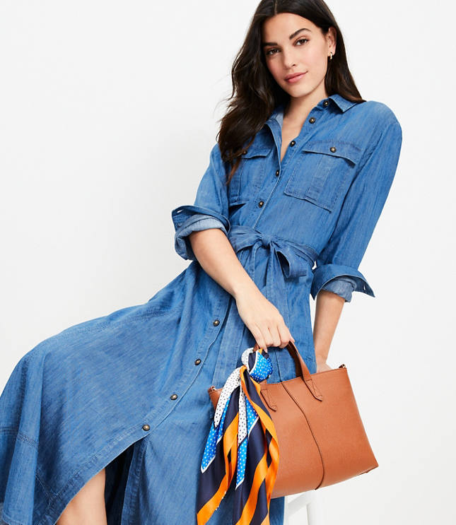 Petite Chambray Belted Midi Pocket Shirtdress