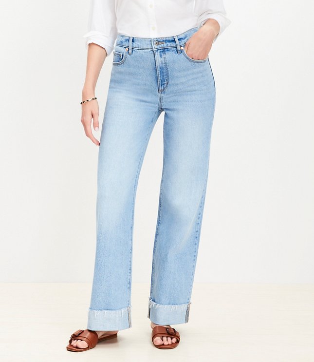 Cuffed High Rise Straight Jeans in Bright Mid Indigo Wash