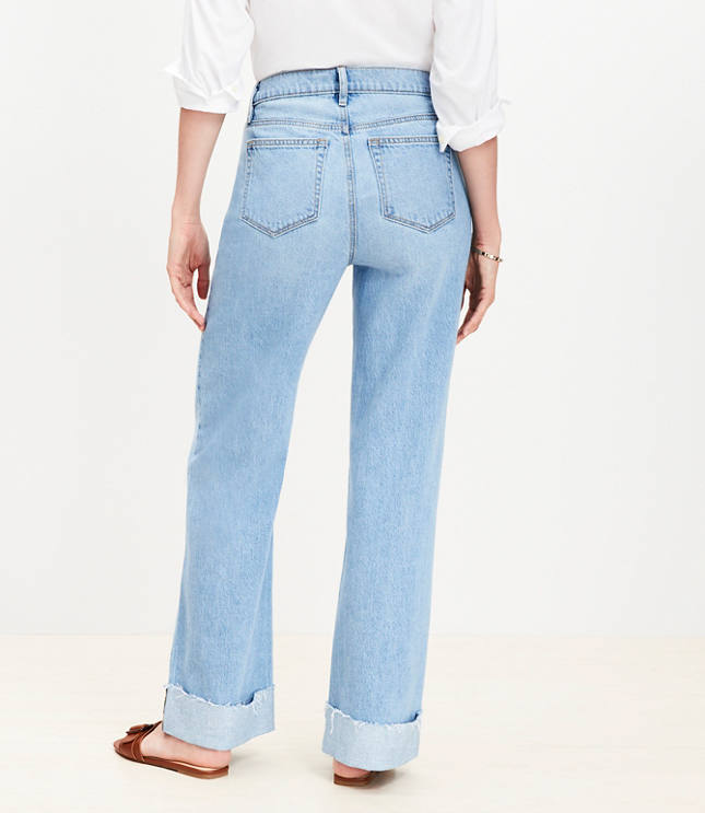 Petite Flip Cuff High Rise Wide Leg Jeans in Light Wash