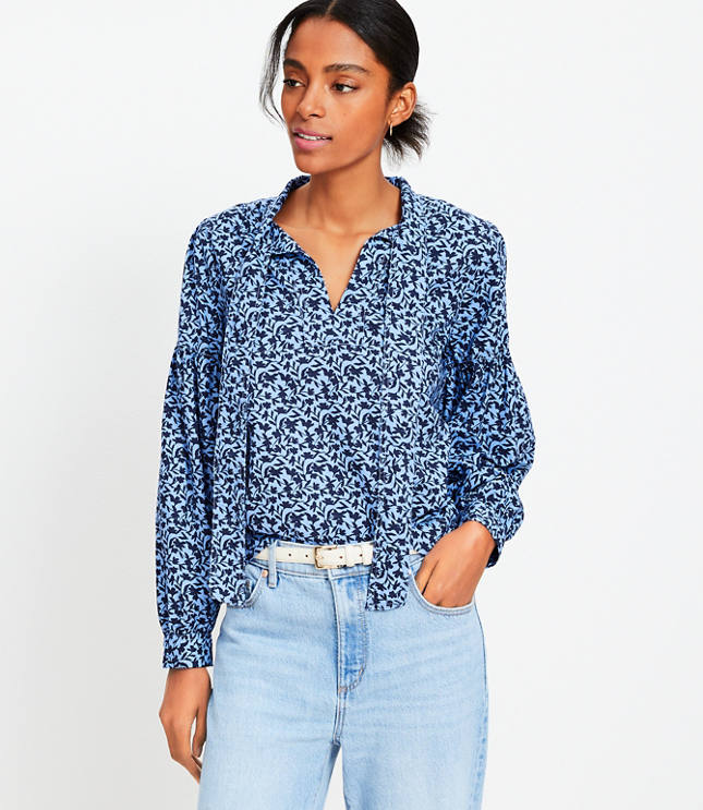 Petite Floral Tie Neck Blouson Sleeve Blouse