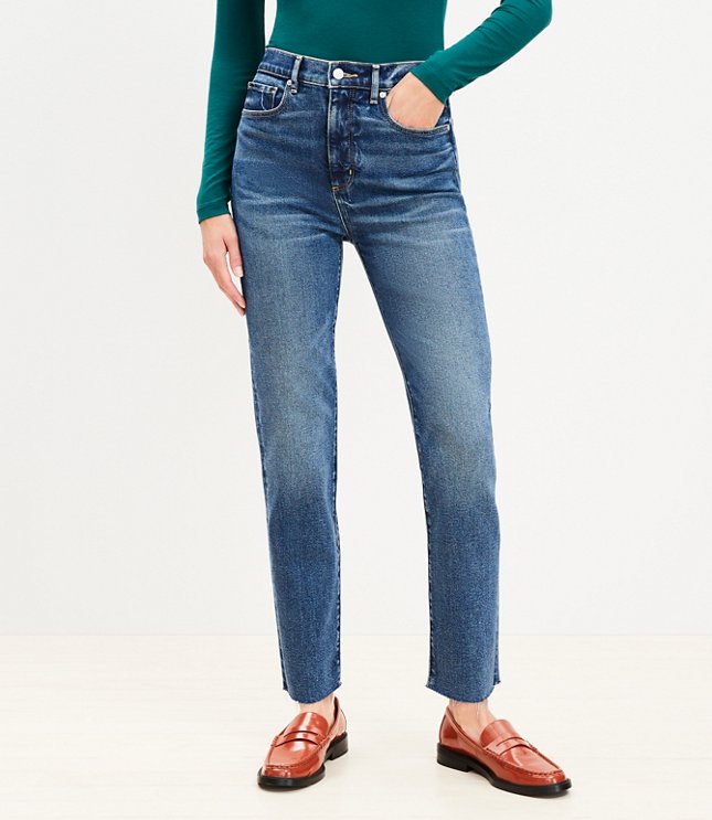 Petite Chewed Hem High Rise Kick Crop Jeans in Destructed Mid Wash - Destructed Mid Wash