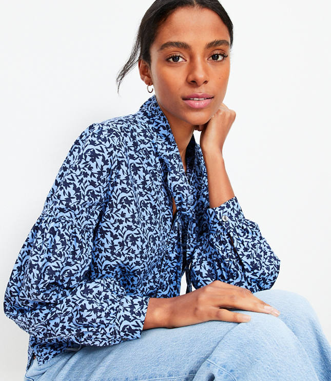 Shadow Floral Tie Neck Blouson Sleeve Blouse