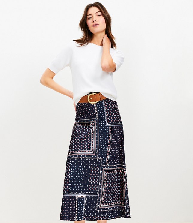 Petite Bandana Print Satin Bias Midi Skirt