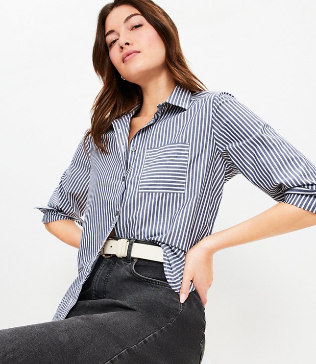 Petite Striped Poplin Relaxed Pocket Shirt