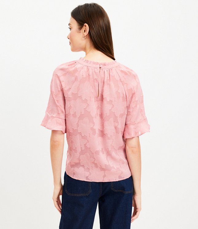 Floral Jacquard Ruffle Trim Blouse