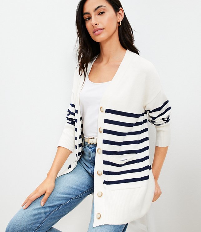 Petite Striped V-Neck Pocket Cardigan