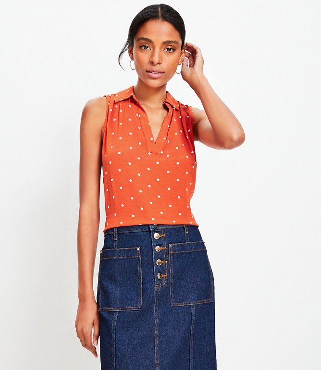 Petite Dotted Collared V-Neck Shell
