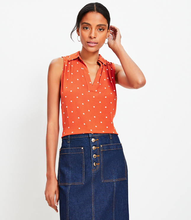 Petite Dotted Collared V-Neck Shell