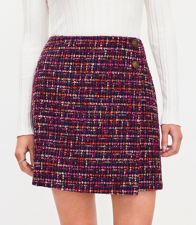 Petite Tweed Button Trim Mini Wrap Skirt