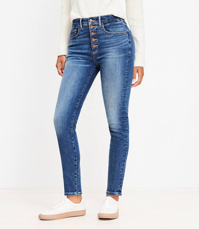 Petite Button Front High Rise Skinny Jeans in Classic Mid Wash