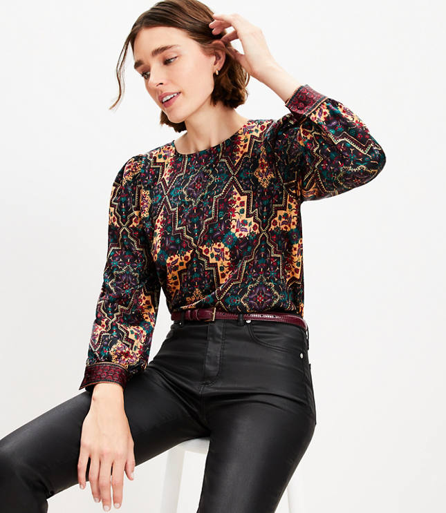 Geo Border Satin Puff Sleeve Blouse