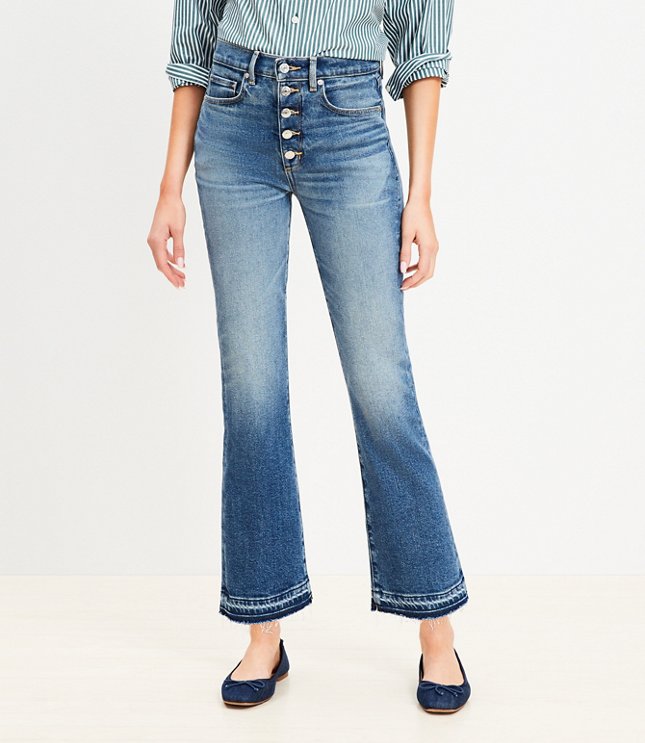 Petite Chewed Hem High Rise Kick Crop Jeans in Destructed Mid Wash - Destructed Mid Wash