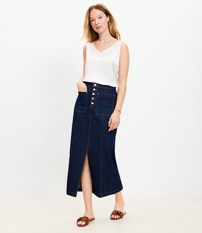 Denim Front Slit Pocket Midi Skirt in Washed Black - Washed Black