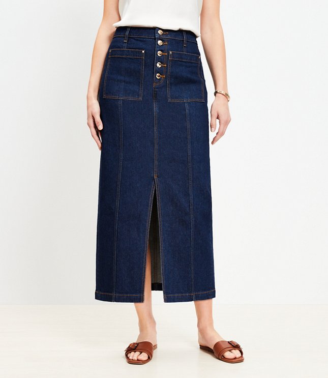 Denim Pocket Midi Skirt in Classic Rinse Wash