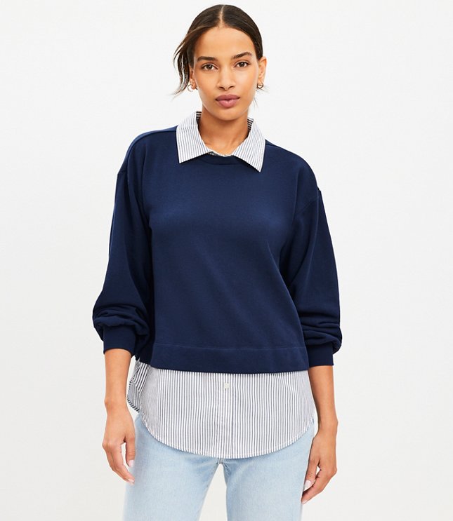 Stripe Poplin Layered Mixed Media Sweatshirt