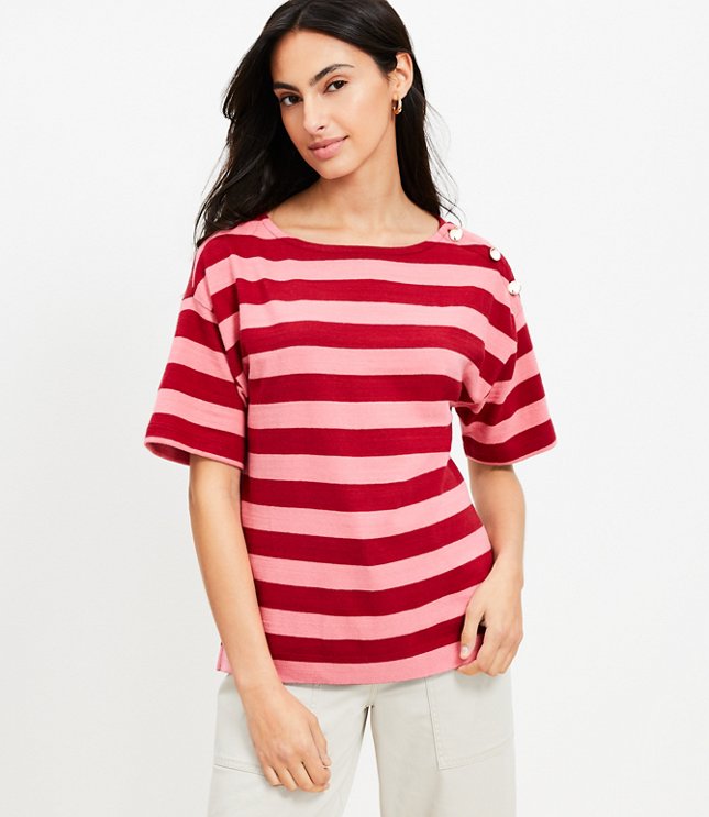 Petite Striped Shoulder Button Harbor Tee