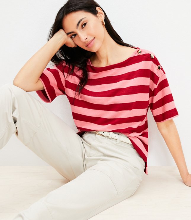 Petite Striped Shoulder Button Harbor Tee