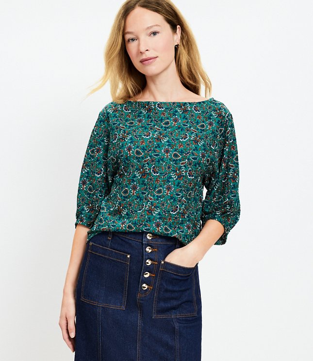 Vine Pleated Elbow Sleeve Top - Evergreen