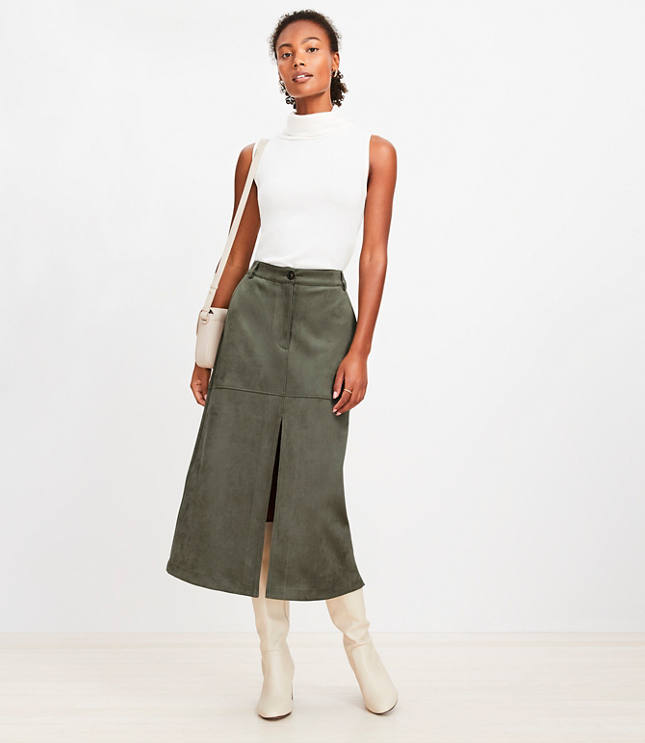 Petite Faux Suede Midi Pocket Skirt