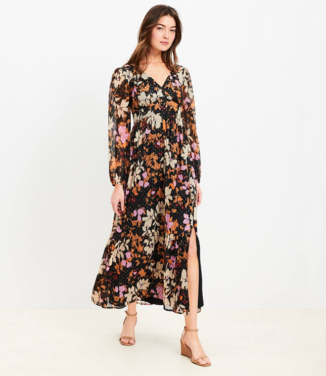 Petite Floral Shirred Flounce Midi Dress