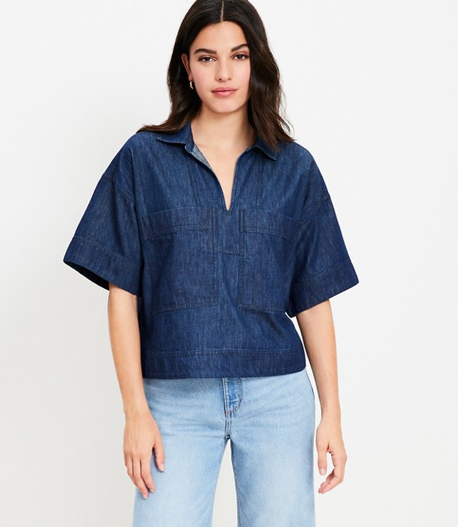 Petite Chambray V-Neck Utility Blouse