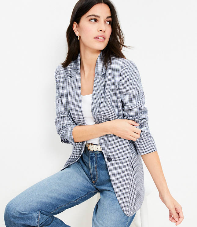 Petite Plaid Double Breasted Blazer - Popcorn