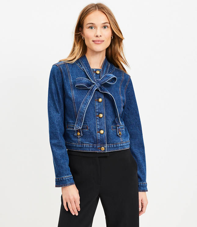 Petite Bow Collarless Denim Jacket Refined Mid Indigo Wash