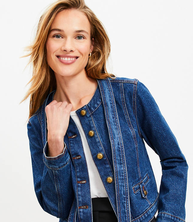 Petite Bow Collarless Denim Jacket in Refined Mid Indigo Wash