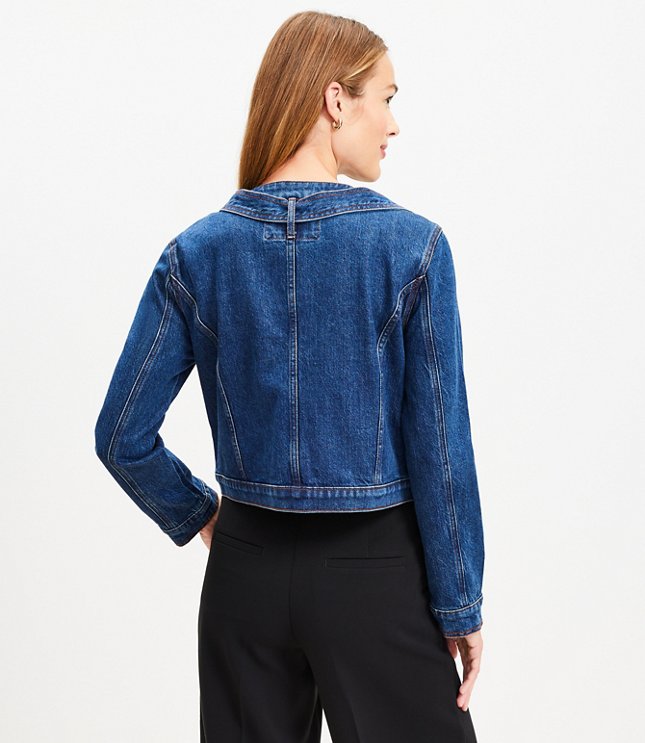 Petite Bow Collarless Denim Jacket Refined Mid Indigo Wash