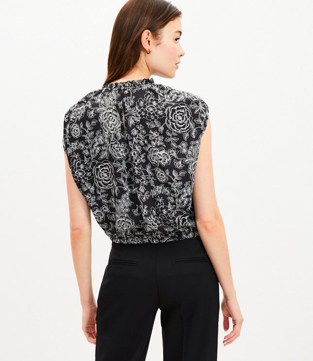 Etched Floral Ruffle Neck Bubble Hem Shell