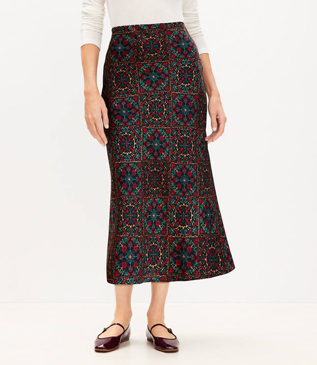 Ornamental Floral Satin Bias Midi Skirt