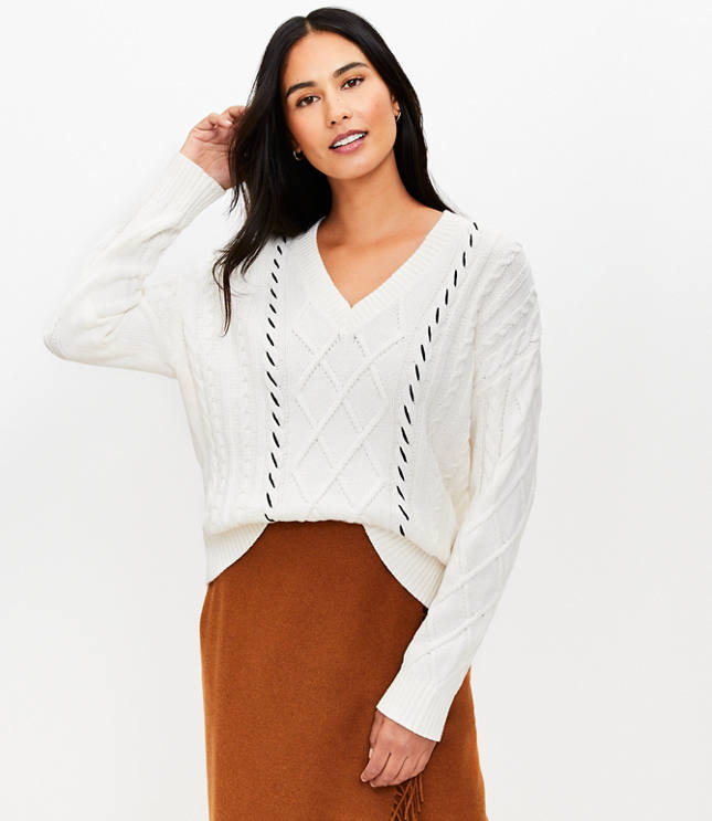 Stitched V-Neck Cable Sweater