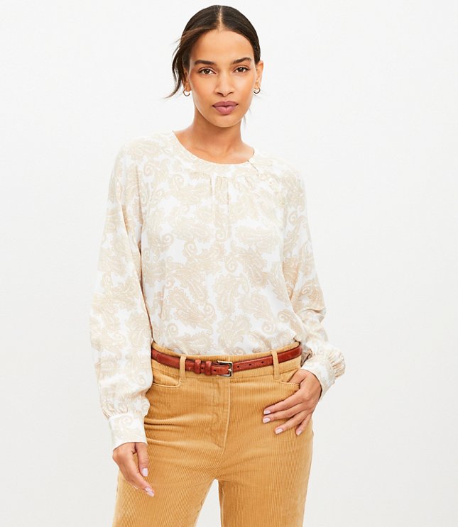 Herringbone Paisley Button Raglan Blouse